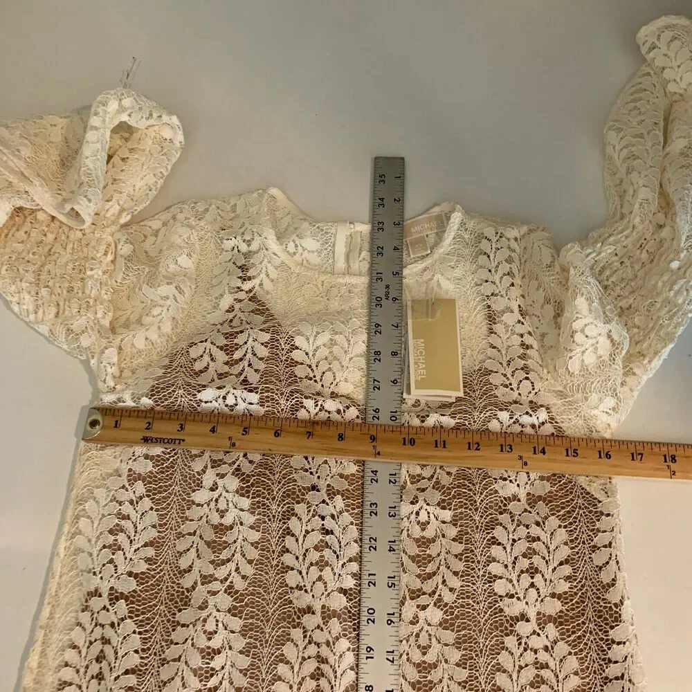 Michael Kors Dress Women Extra Small Ivory Sheer Lace Overlay Bell Sleeves Lined